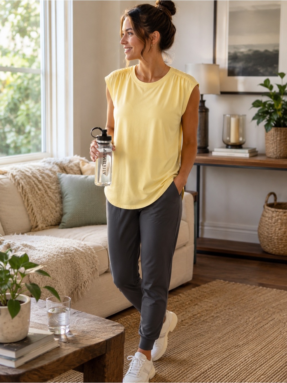 Athleta Getaway Tee Lunaria Yellow Size M Ruched Shoulder Travel Top